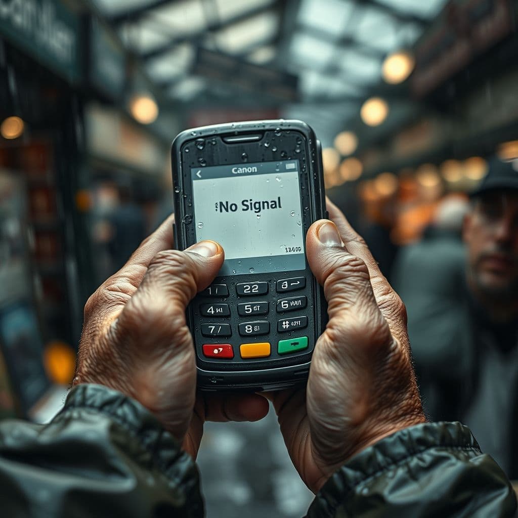 Market vendor struggling with a card machine in the rain.