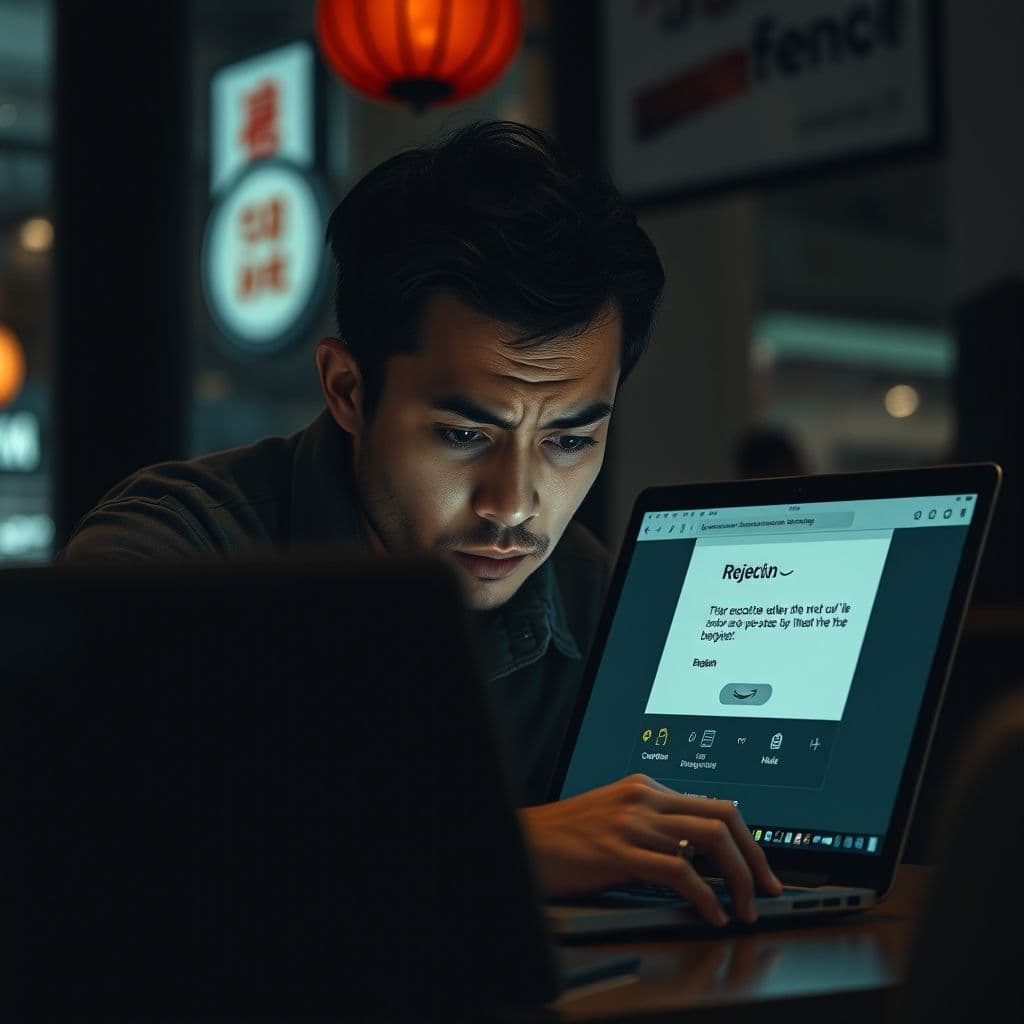 Frustrated Amazon seller struggling with ungating process on laptop.