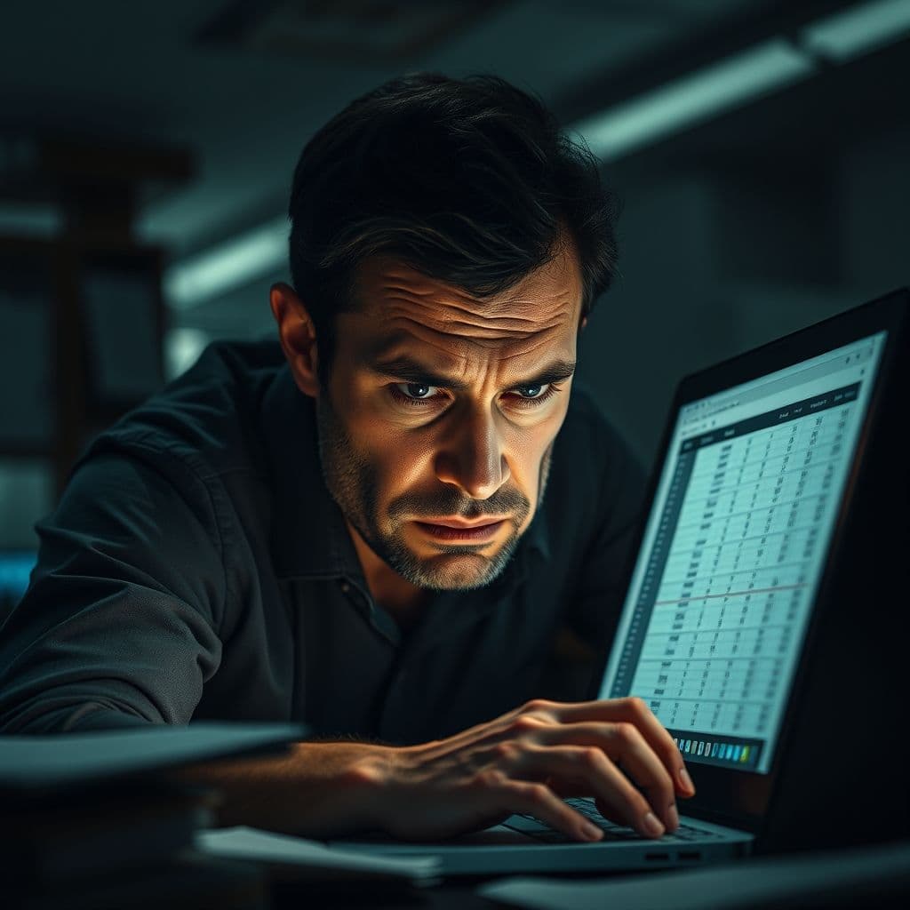 Frustrated individual struggling with budgeting on a laptop.