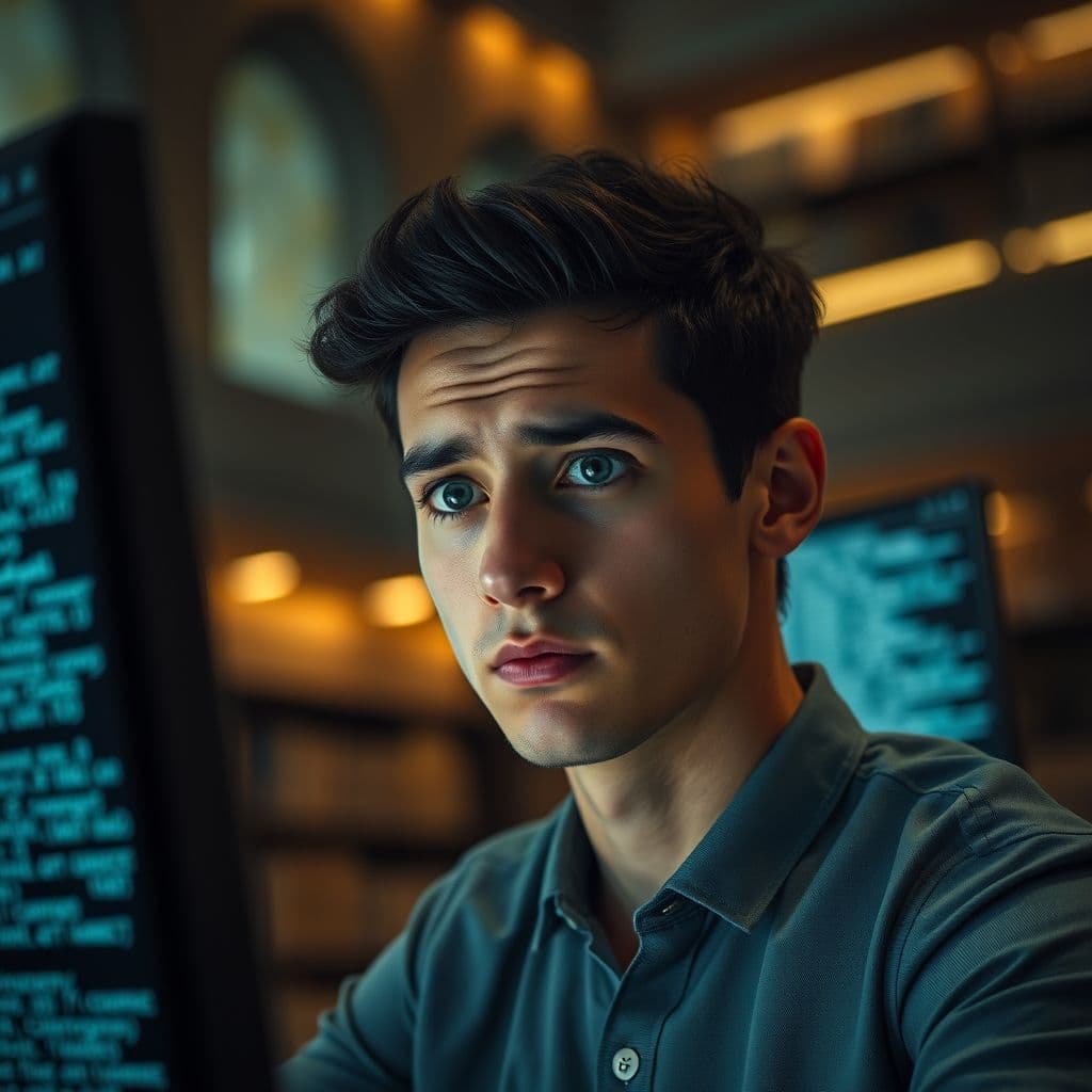 A confused individual looking at a computer screen with coding symbols