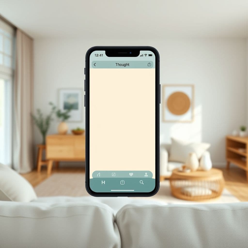 A sleek app interface showing a thought-journaling feature and mindfulness exercises.