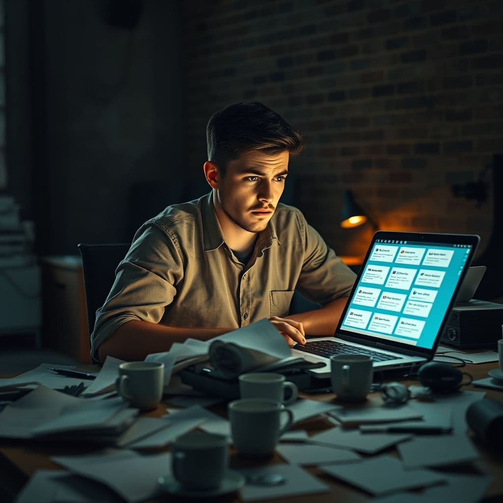 Frustrated developer at computer with rejected job applications on screen.
