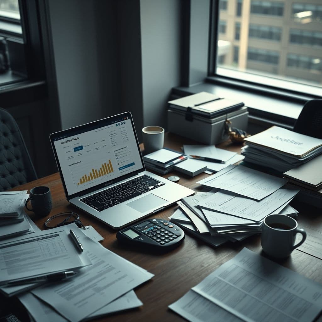 A cluttered desk with multiple investment apps and tax forms scattered around.