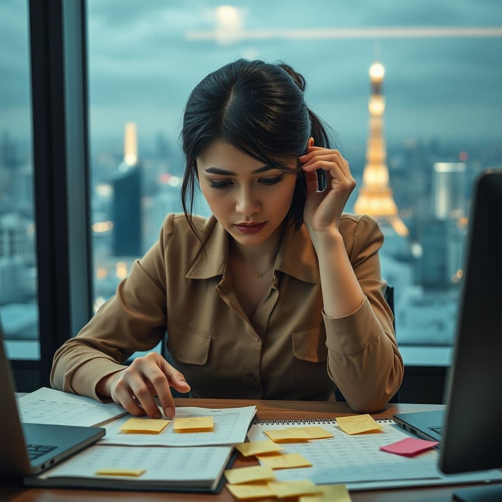 A person looking stressed with multiple sticky notes and a chaotic schedule.