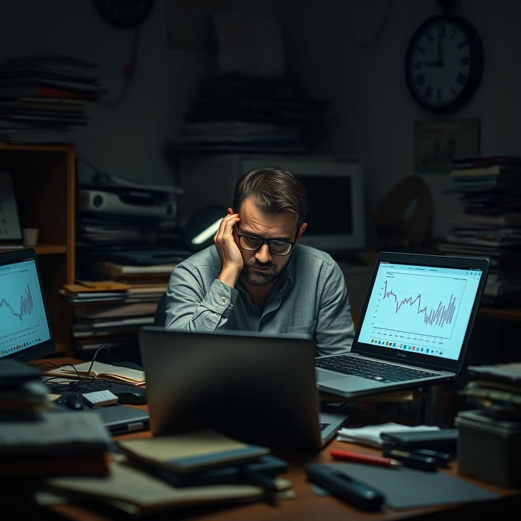 A small business owner looking stressed while reviewing financial documents on a laptop.