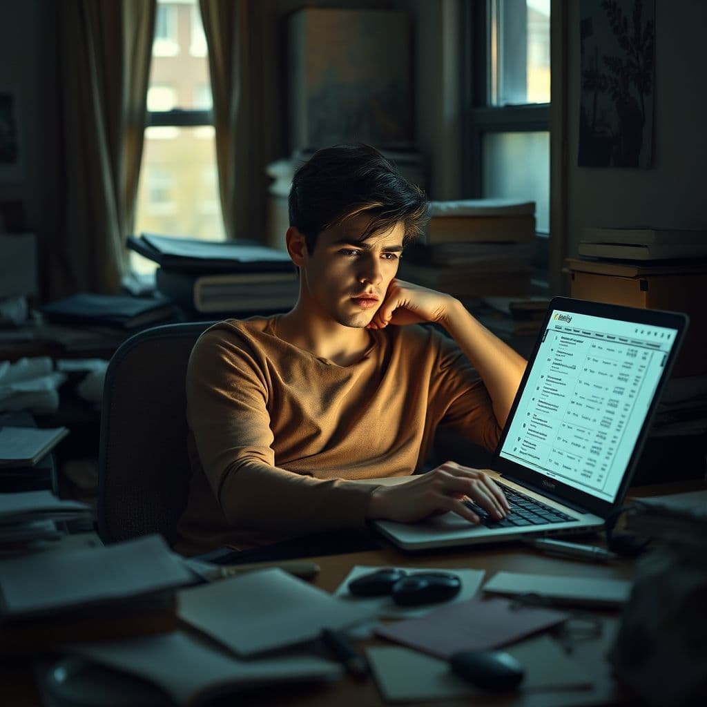 A stressed person looking at their financial statements on a laptop.