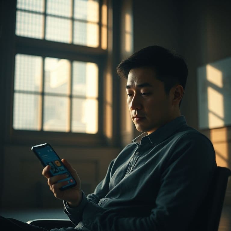 A man sitting alone in a dimly lit room, looking thoughtful with a smartphone displaying a mental health app interface