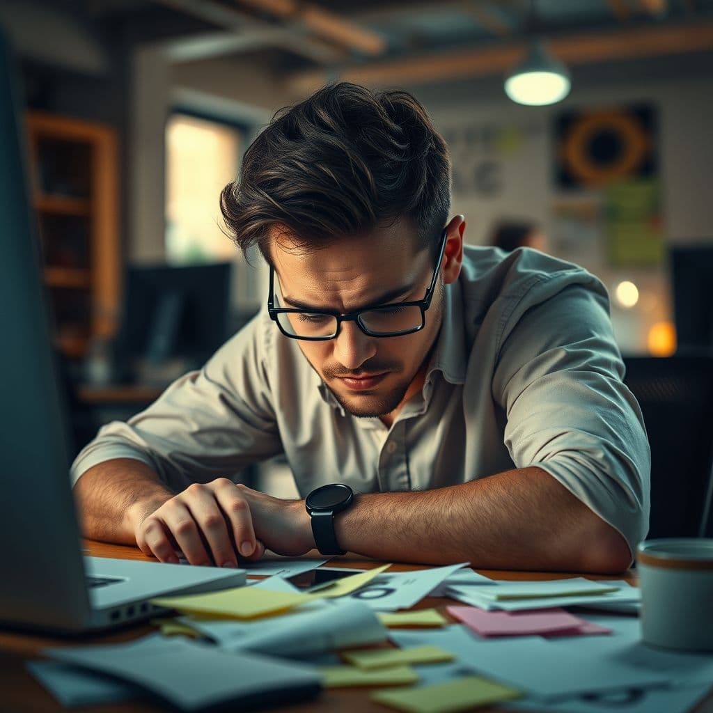 A frustrated professional surrounded by sticky notes and scattered papers.