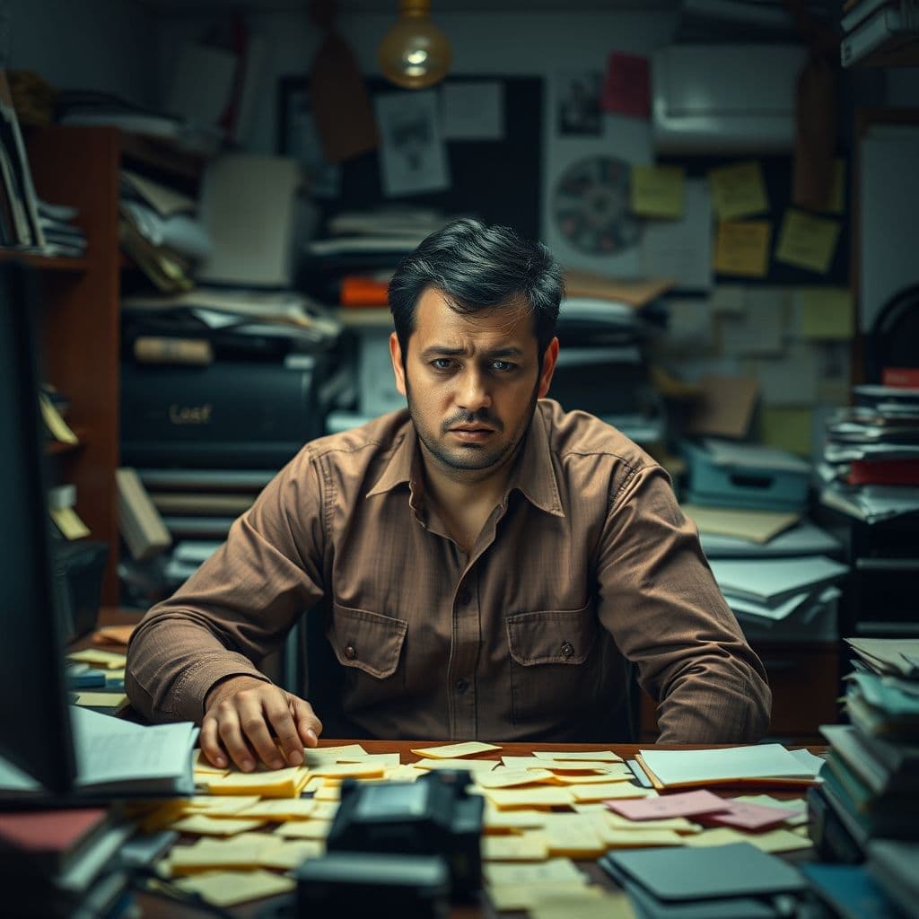 Entrepreneur overwhelmed by too many business ideas, looking stressed at a desk full of sticky notes.