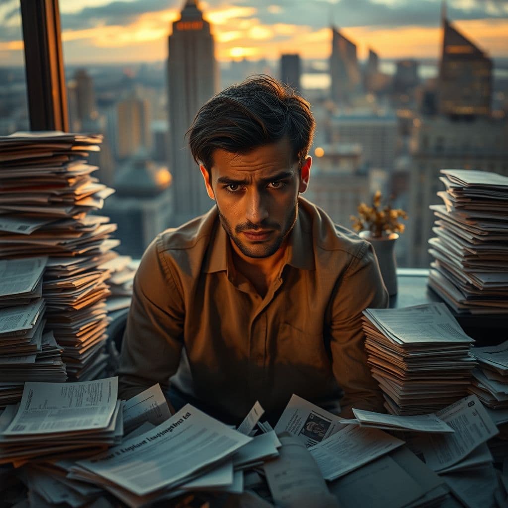A person overwhelmed by financial documents and debt statements.