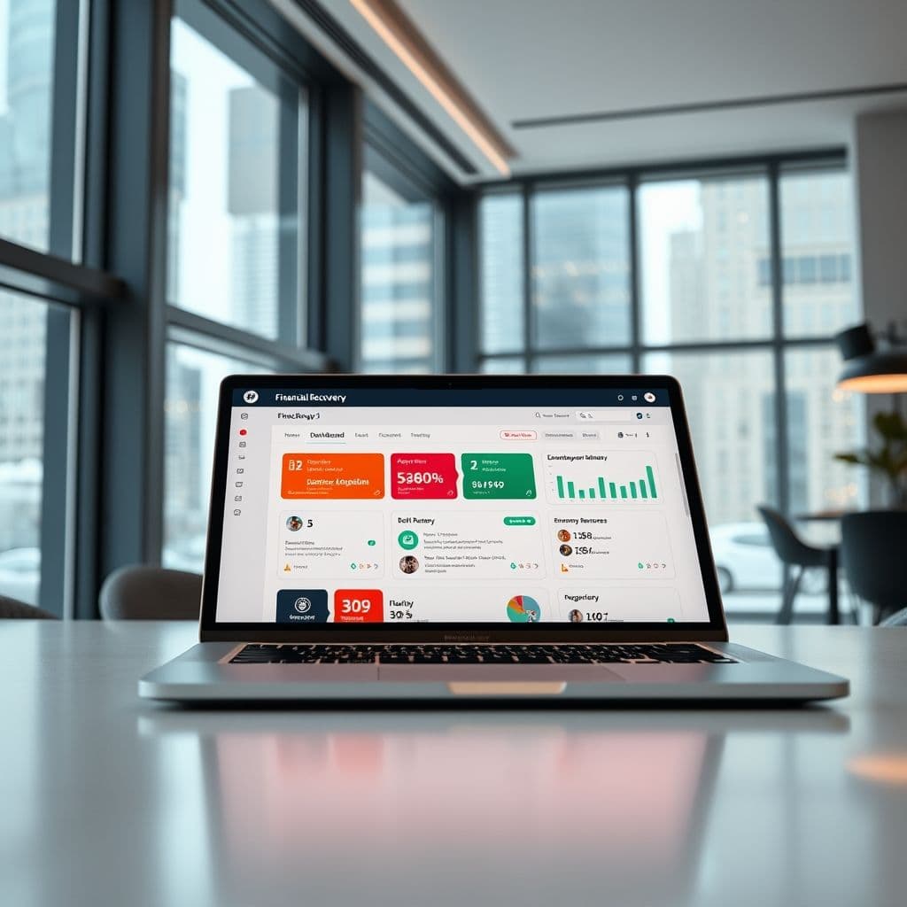 Conceptual interface of a financial recovery dashboard with various tools and resources.