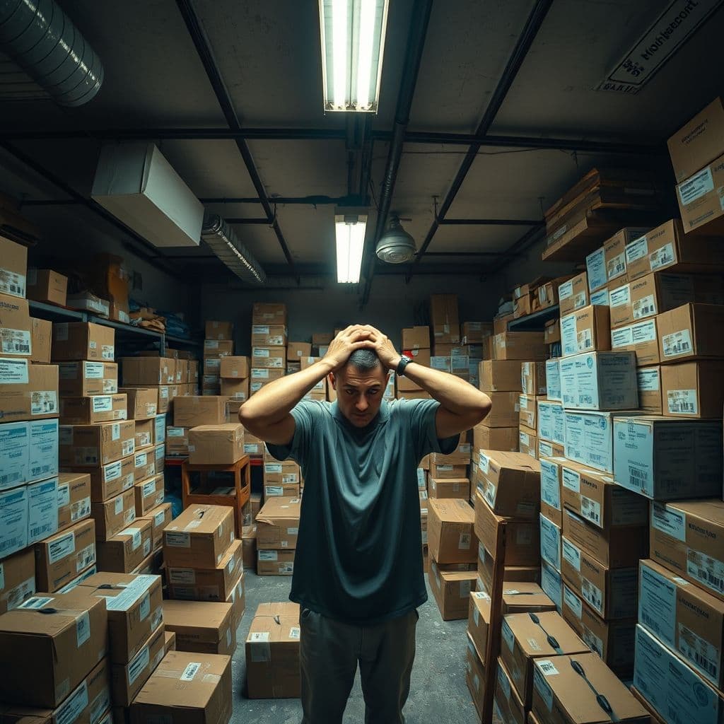 Overwhelmed seller surrounded by boxes of inventory
