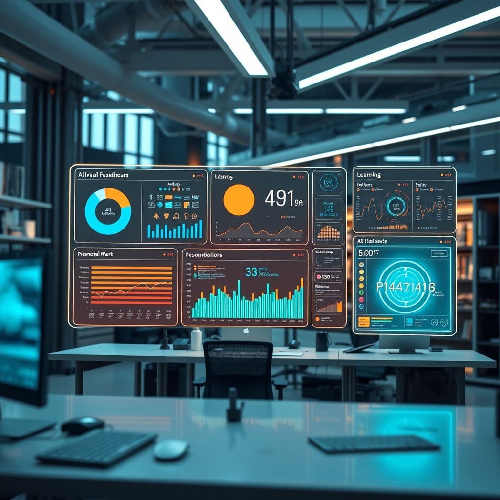 A futuristic AI learning platform interface with personalized learning paths.