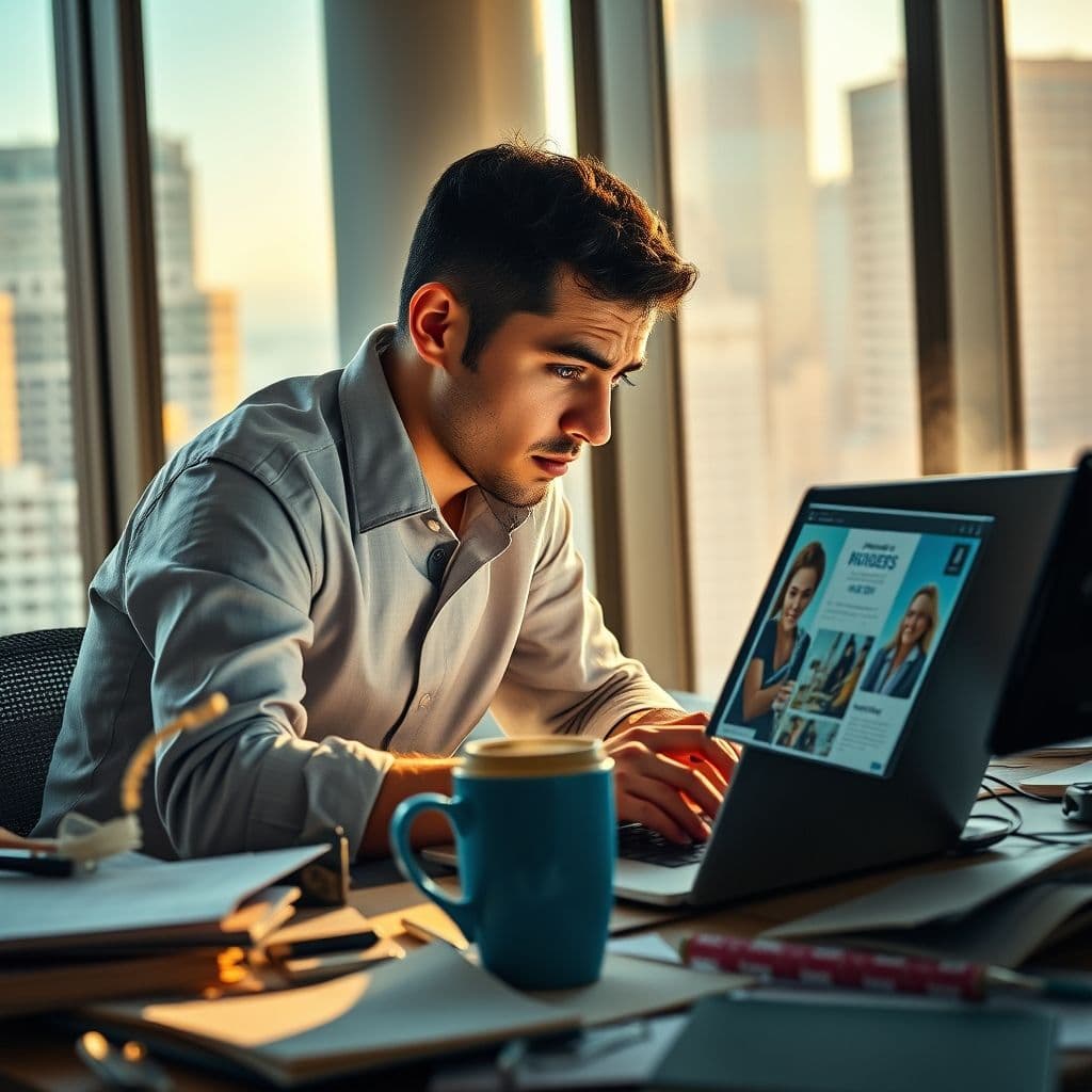 Frustrated marketer analyzing a failed ad campaign on a laptop.