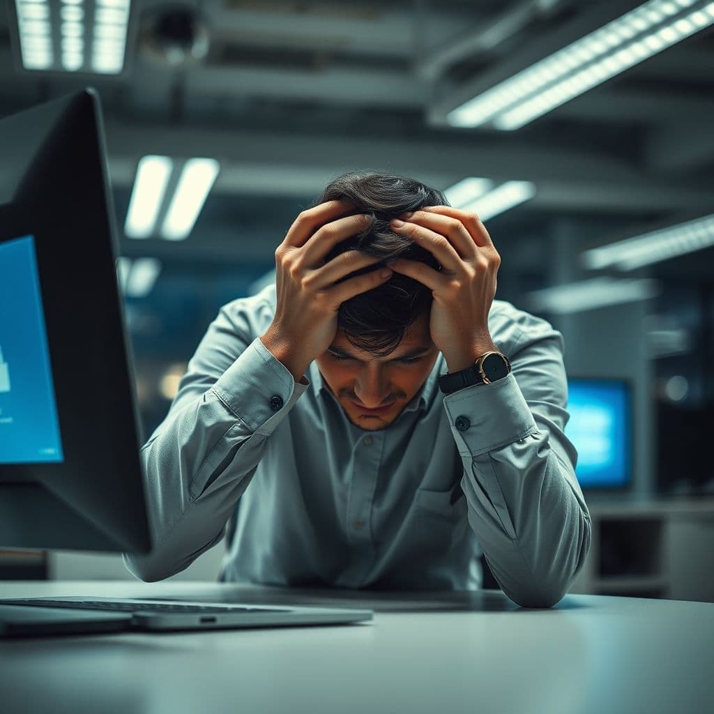 Frustrated professional staring at error message on laptop screen during email outage