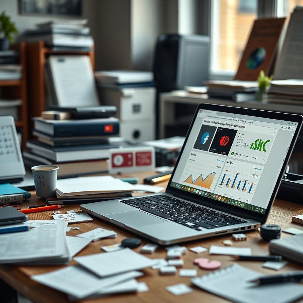 A cluttered workspace with multiple marketing tools open on a laptop.