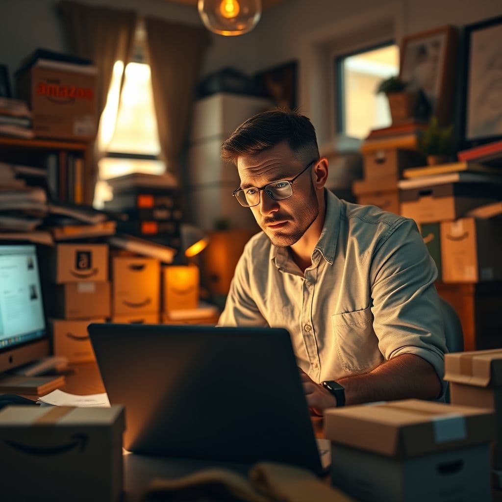 A frustrated Amazon seller looking at a laptop screen showing a rejected ungating request.