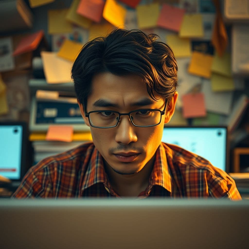 A frustrated user overwhelmed by disorganized notes and tasks.