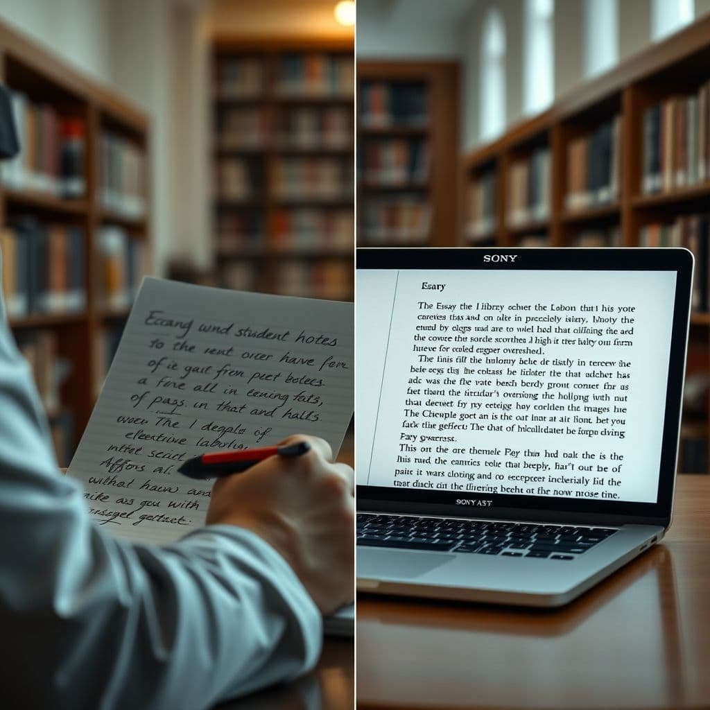 Side-by-side comparison of a student's typical writing versus an AI-generated essay with advanced vocabulary.