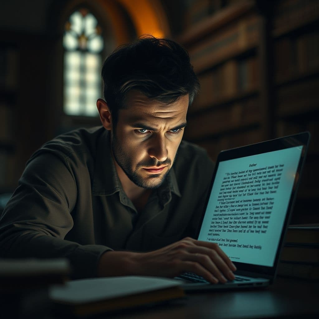 A frustrated writer looking at a screen filled with AI-generated text.