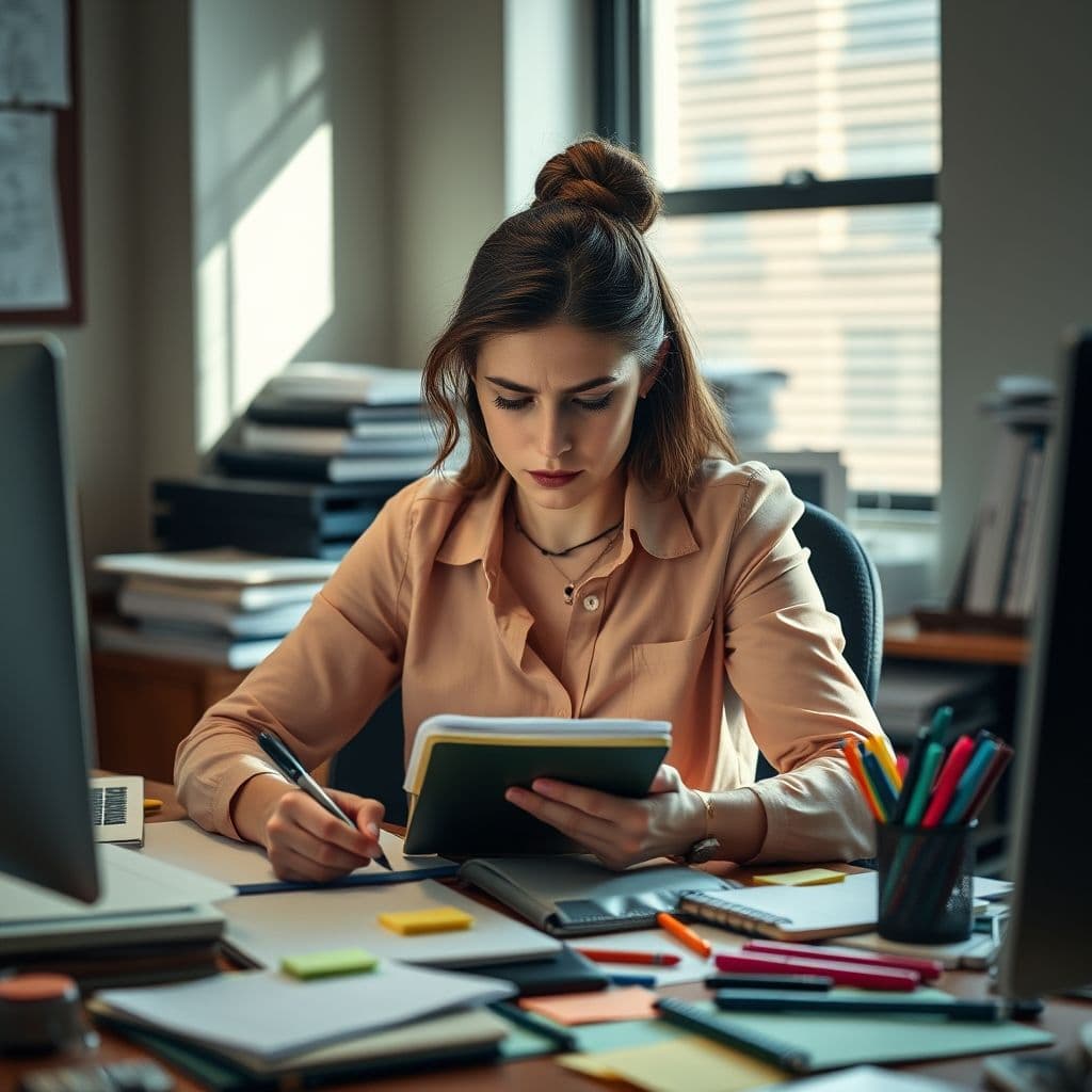 A frustrated paralegal surrounded by multiple planners, calendars, and sticky notes.