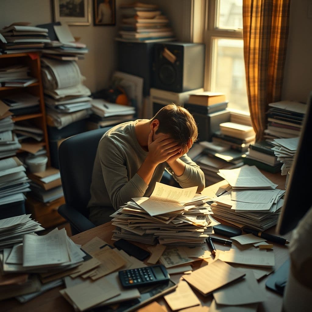 A person overwhelmed by financial stress, surrounded by receipts and bills.