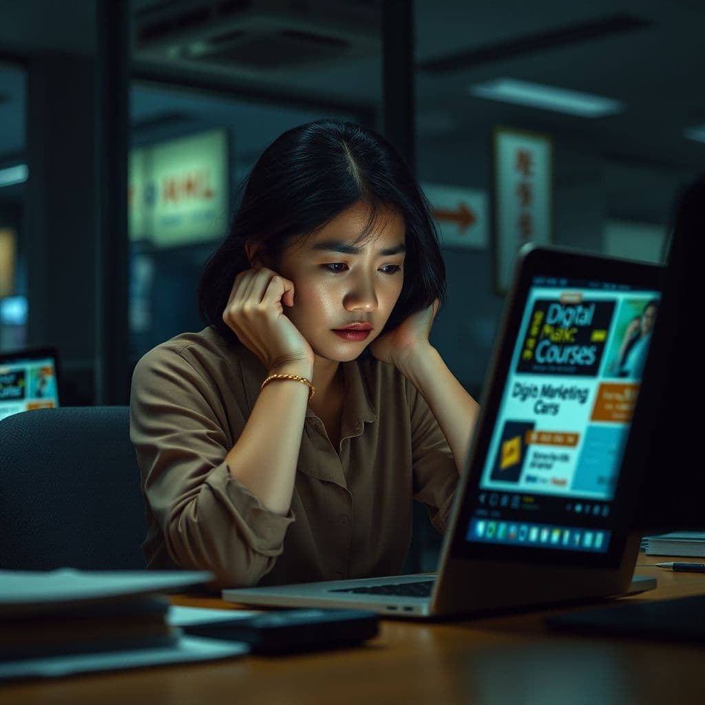 Frustrated user looking at a laptop with digital marketing course ads.