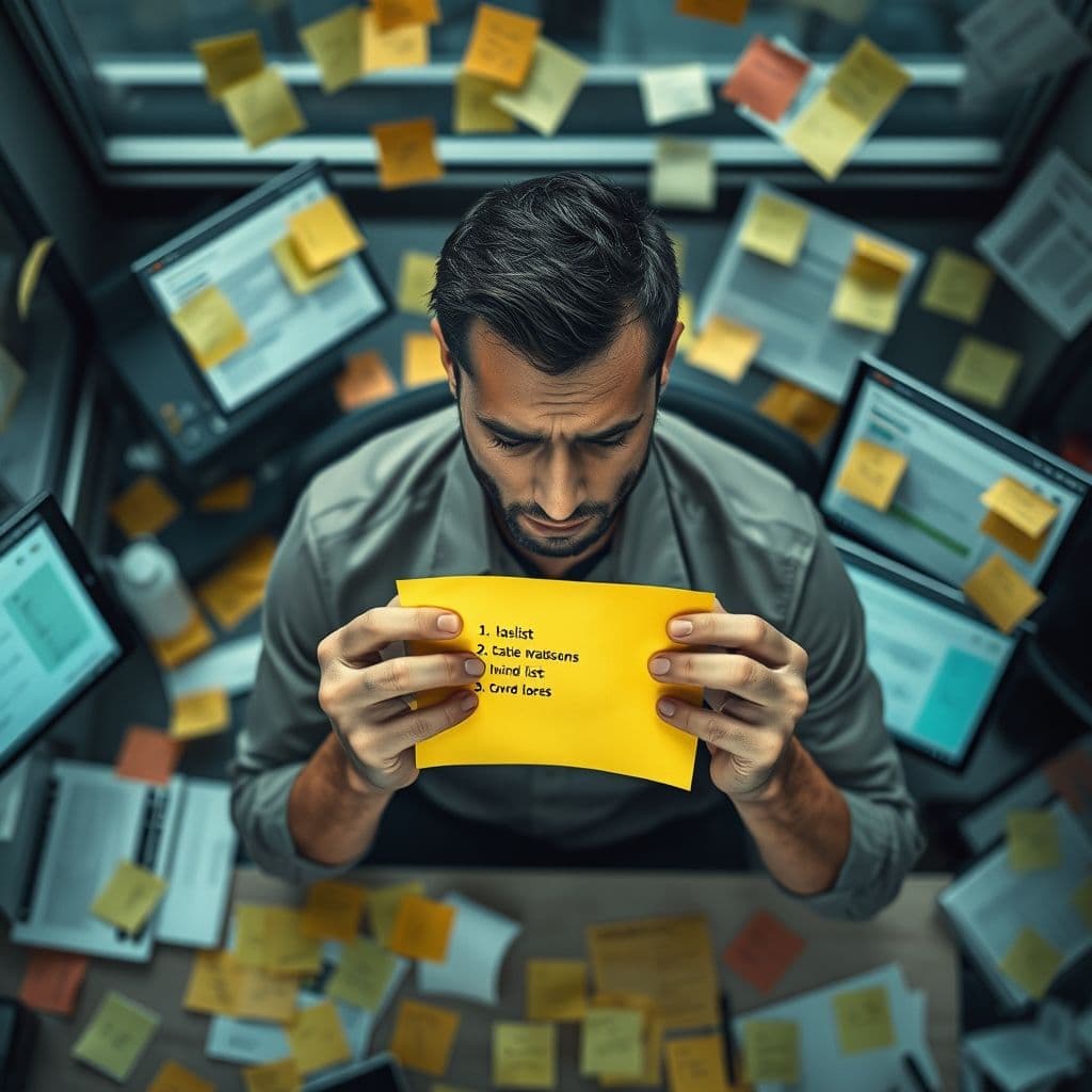 Frustrated professional struggling with disorganized digital notes