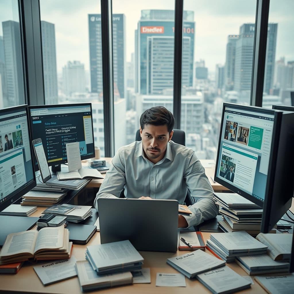 A confused entrepreneur surrounded by overwhelming online resources.