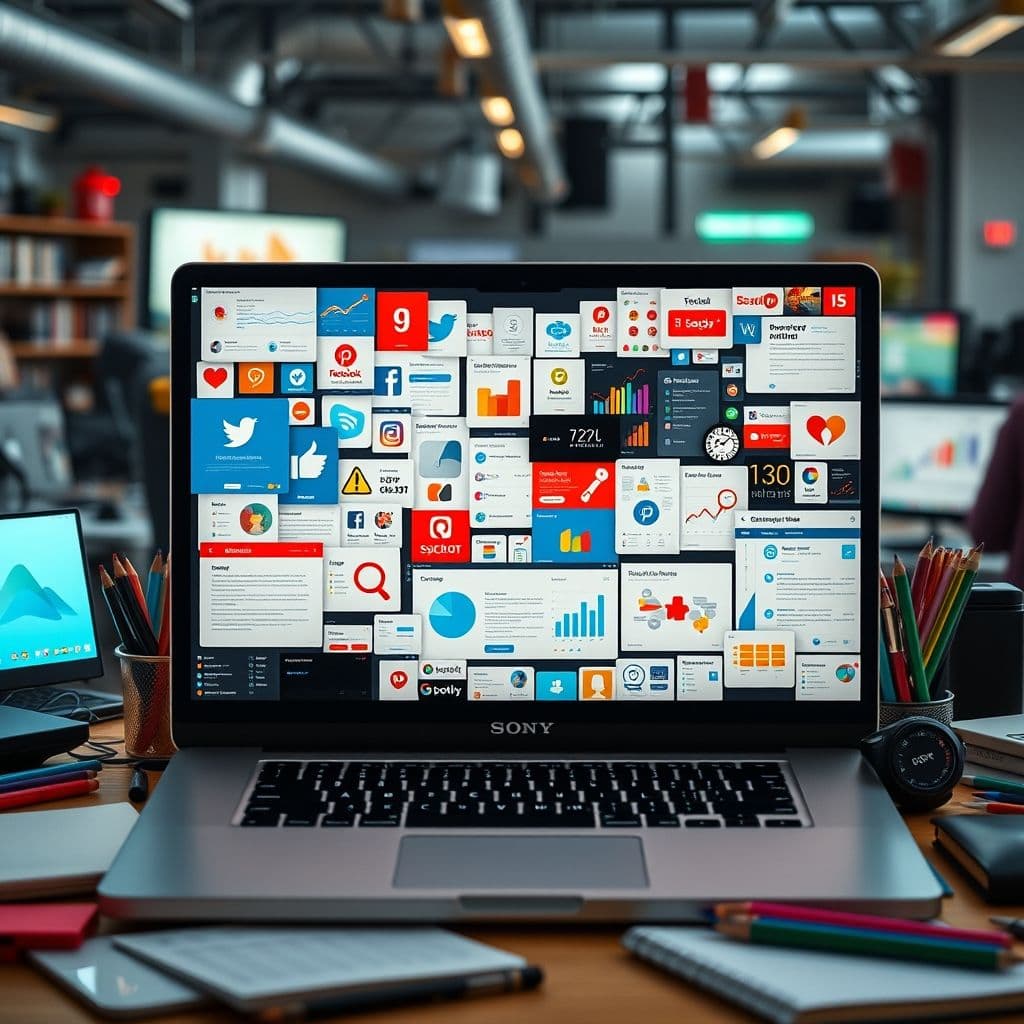 A beginner overwhelmed by marketing options on a laptop screen.