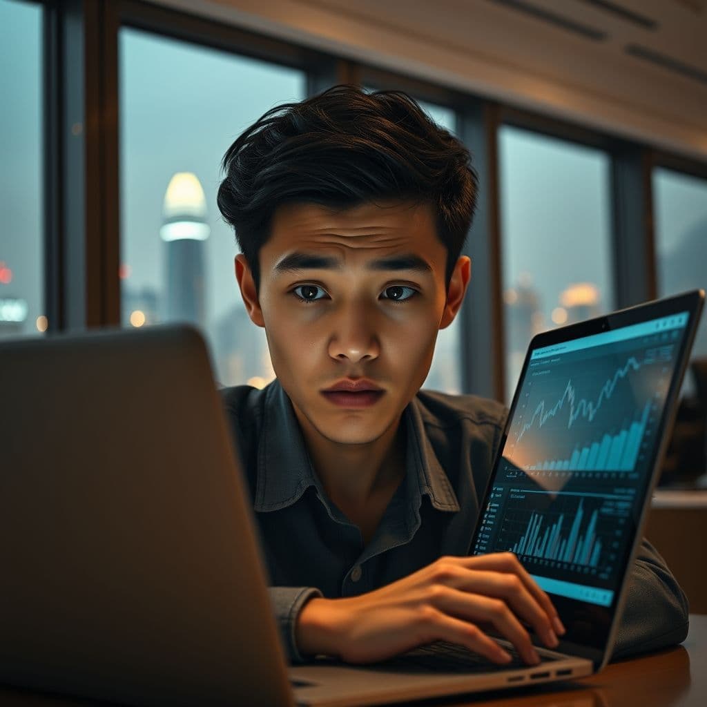 A frustrated user looking at financial charts on a laptop, symbolizing confusion about investing.