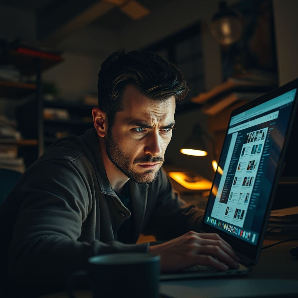 A frustrated person staring at a laptop screen with confusion.