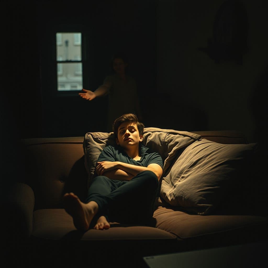 A person sitting alone, overwhelmed by autistic burnout, with a supportive figure reaching out.