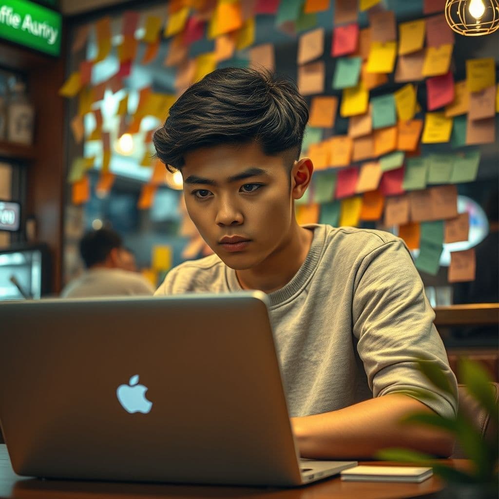 A frustrated digital marketer looking at a blank screen with the words 'Find Your Niche'