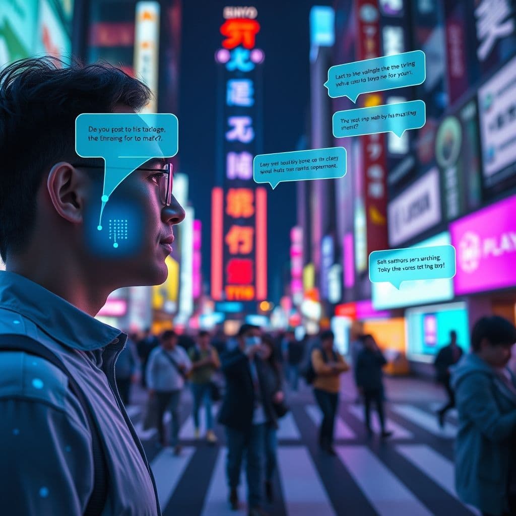 A futuristic AI interface summarizing a conversation between a human and a digital assistant.