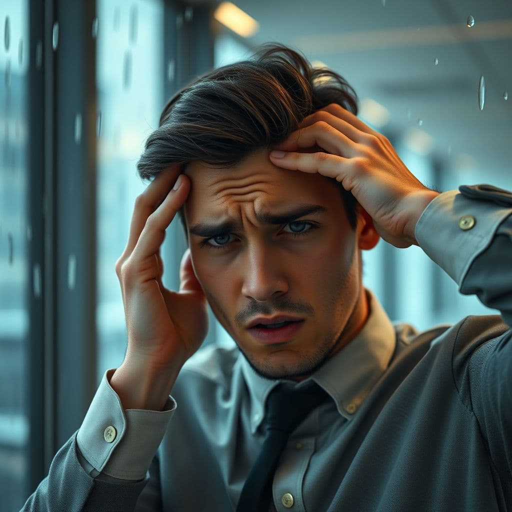 A stressed corporate worker overwhelmed by burnout.