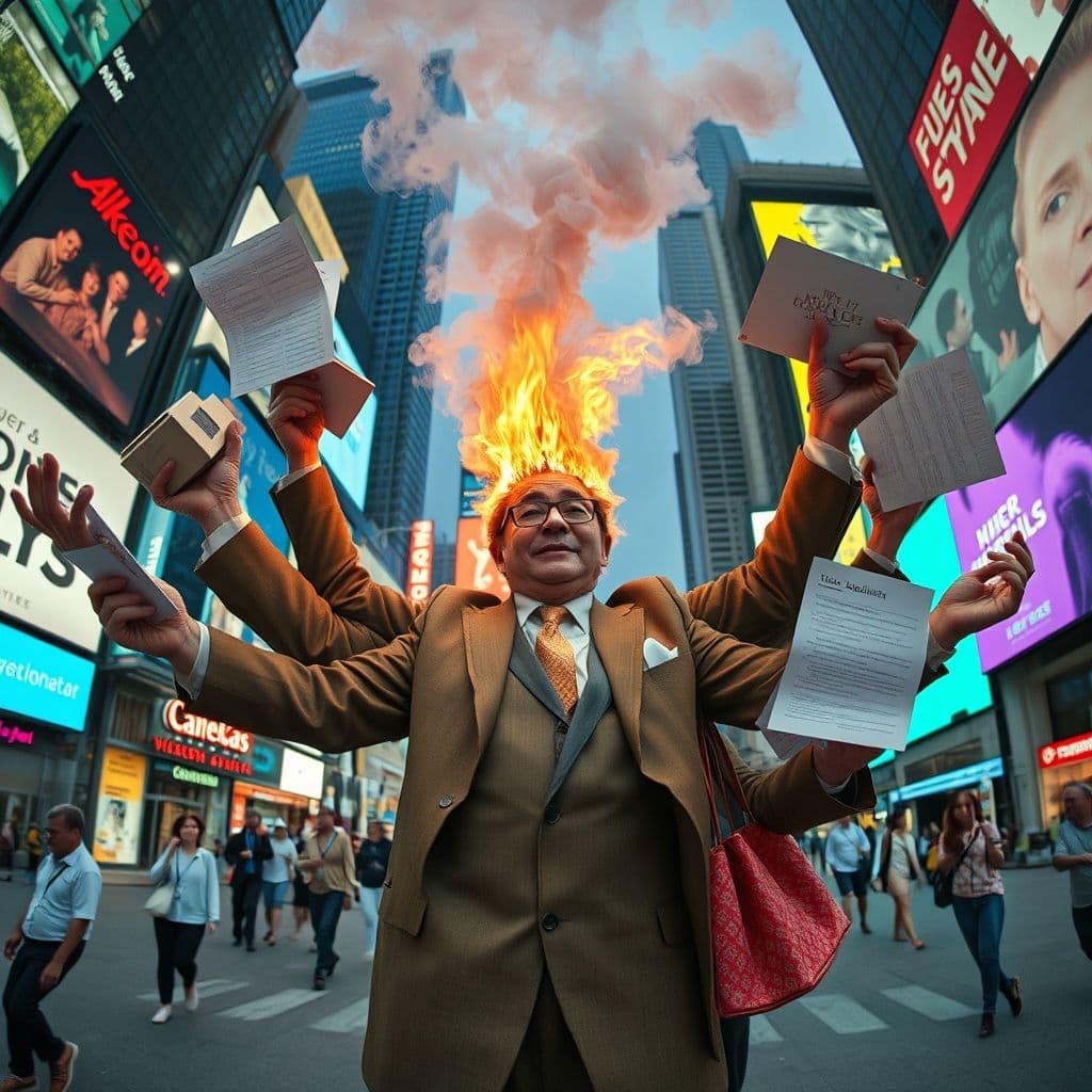 Visual metaphor of a person juggling countless responsibilities with smoke coming from their head