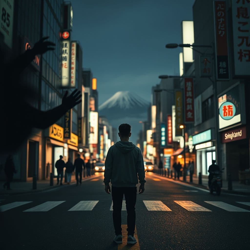 A person standing at a crossroads, one path dark and chaotic, the other bright and peaceful.