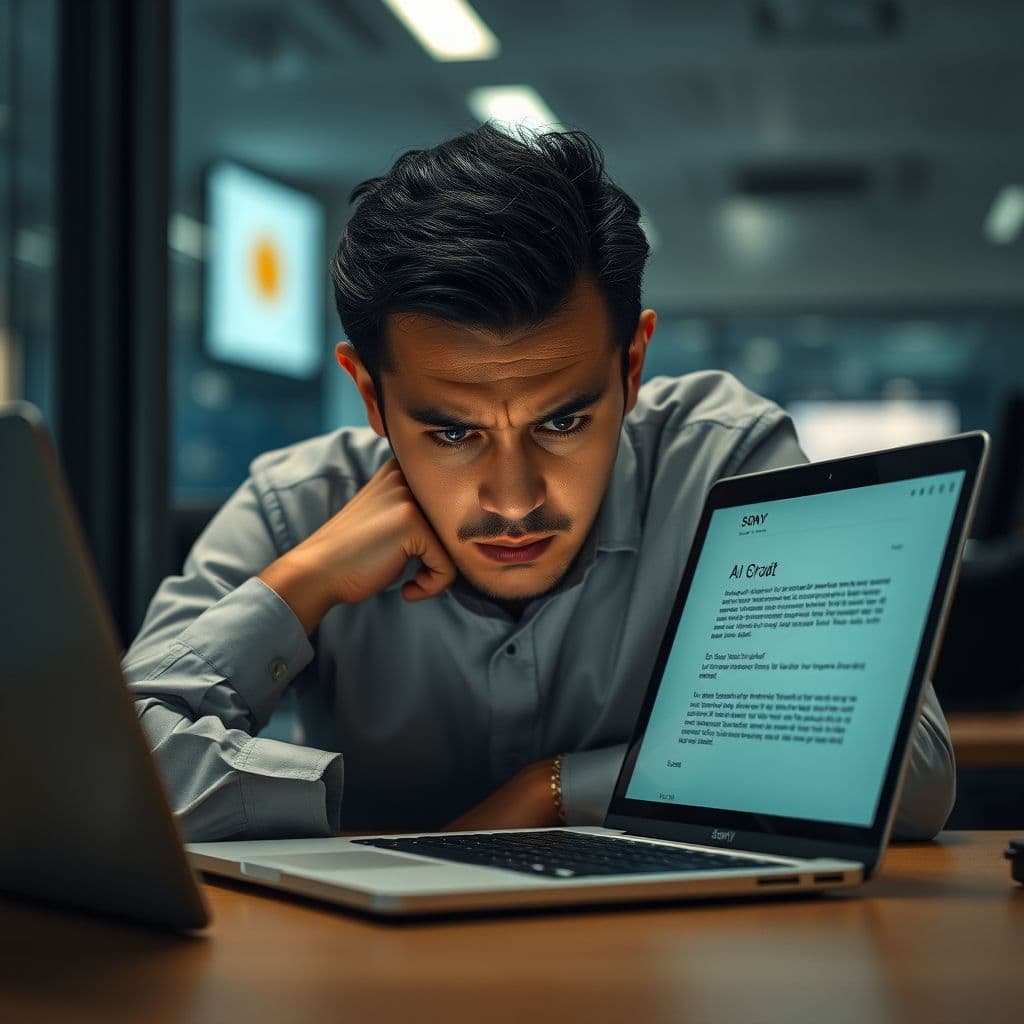 A frustrated professional struggling to write an email with AI assistance.