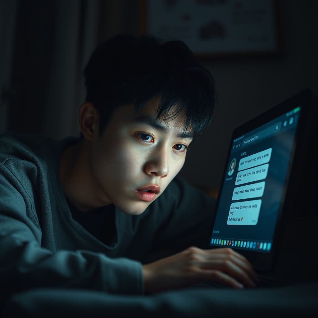 A person looking conflicted while interacting with an AI chatbot on a screen.