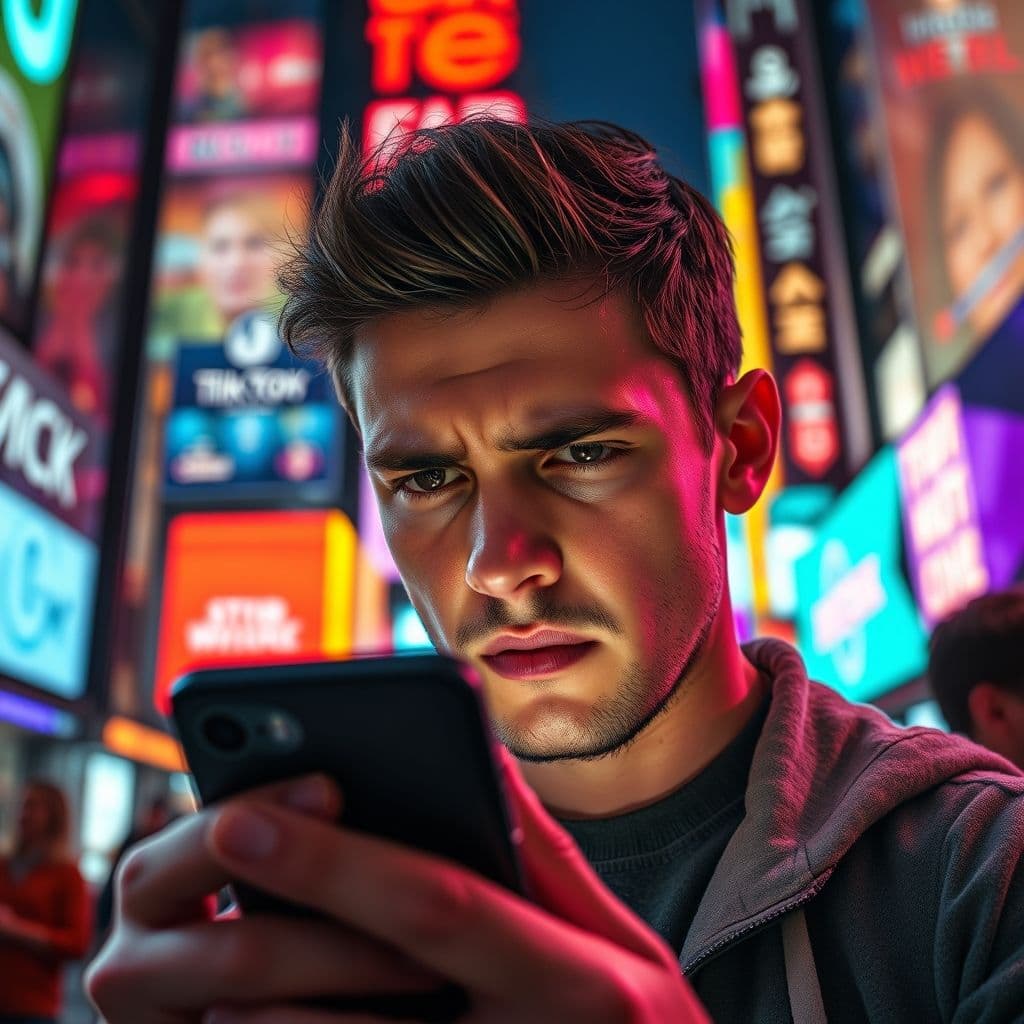 Frustrated TikTok creator looking at a phone with no visible product links.