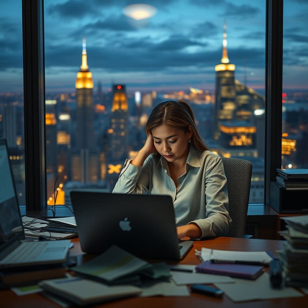 A stressed professional at a desk with a laptop, symbolizing burnout and the need for balance.