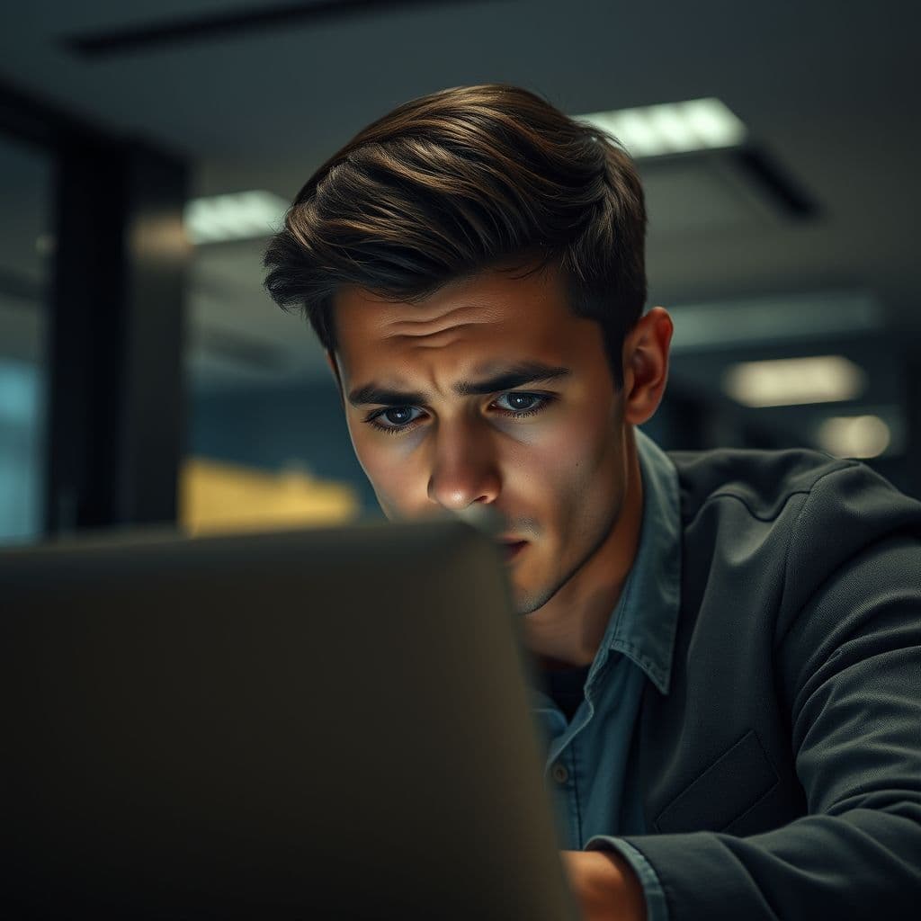 A frustrated young adult looking at financial statements on a laptop.