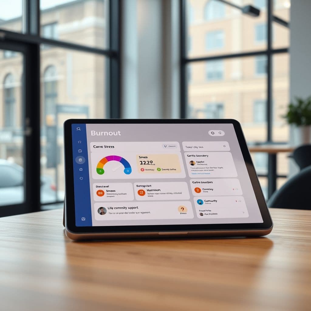 Conceptual interface of a burnout management dashboard.