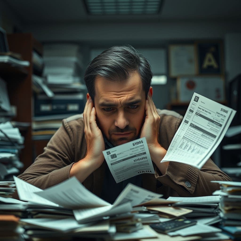 A person overwhelmed by credit card statements and bills.