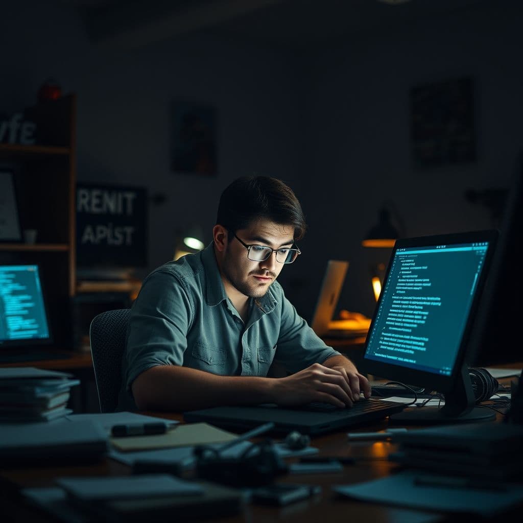 A developer struggling with API key security on a laptop screen.