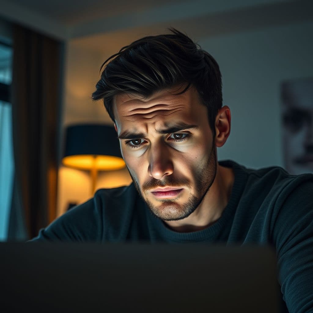 A frustrated person looking at their bank account on a laptop screen.