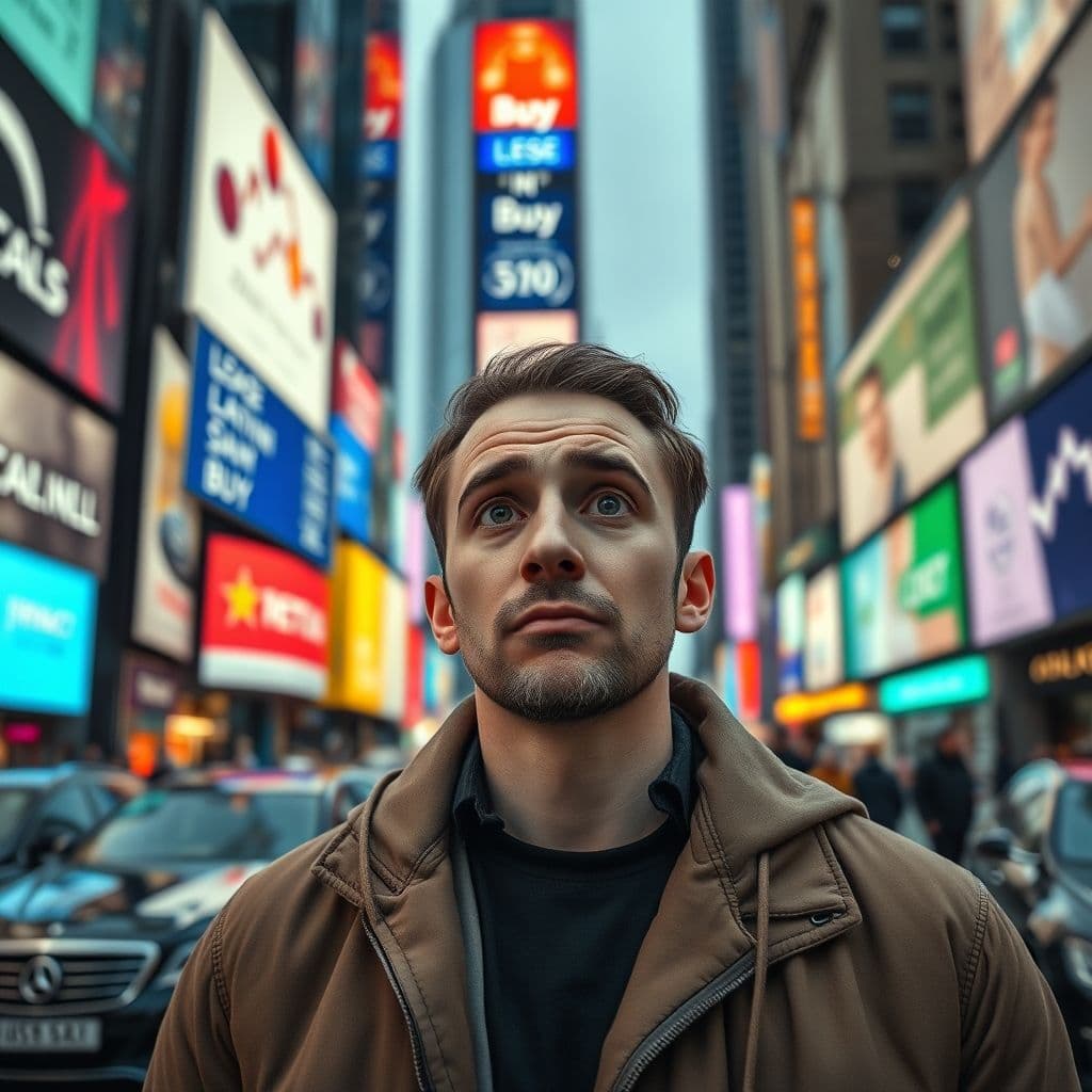 A person confused between leasing and buying a car, with financial charts in the background.