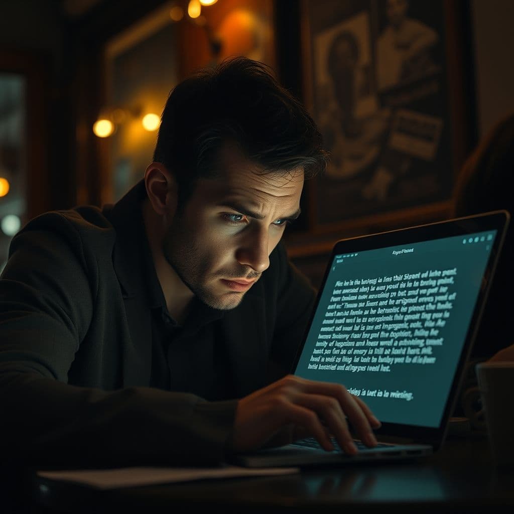 Frustrated writer looking at a screen with AI-generated text.