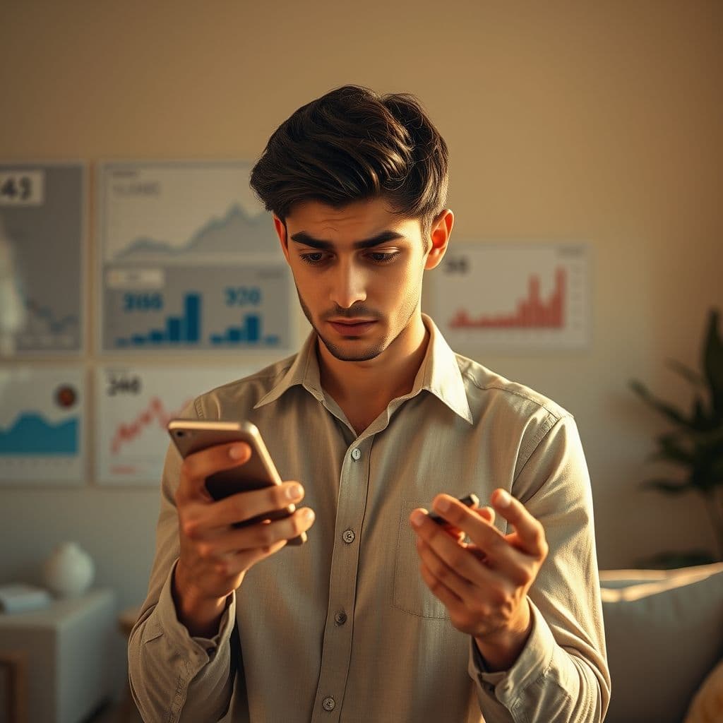 Frustrated person looking at multiple banking apps on phone with financial charts in background